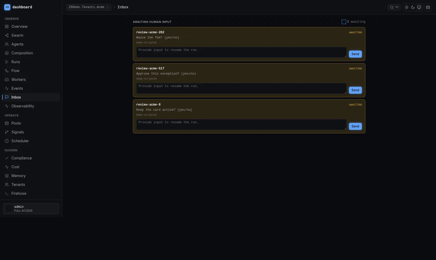 Z8 dashboard, Inbox page