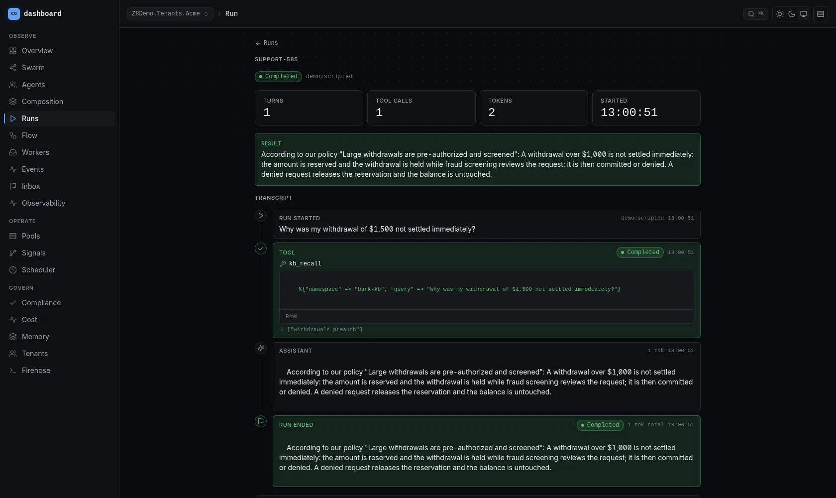Z8 dashboard, Run transcript page